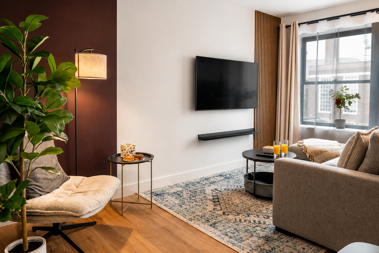 Calm living room with sofa, lounge chair and Smart TV