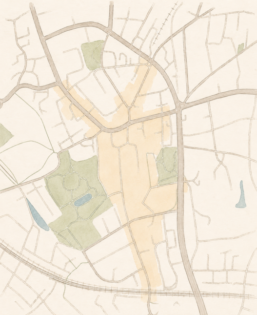 Illustrated Bromley Area Map | Bromley Nest Minimal hand-drawn map of Bromley town centre in soft neutral tones showing roads, parks and surrounding areas near Bromley Nest serviced apartments.